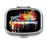 Metal Pill Box with Mirror - 2 Compartment Travel Pill Case for Purse Portable Pillbox Compact Vitamin Container Colorful Piano Keyboard Music Note Medicine Organizer for Fish Oil & Supplement