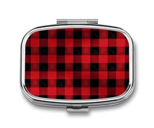 Metal Pill Box with Mirror - 2 Compartment Travel Pill Case for Purse Portable Pillbox Compact Vitamin Container Red Black Buffalo Check Plaid Pattern Medicine Organizer for Fish Oil & Supplement