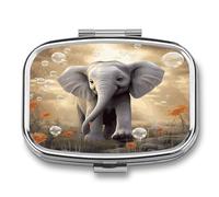 Metal Pill Case Portable 2 Compartment Small Cute Elephant Play Pill Organizer for Purse Pocket Square Compact Travel Pill Box with Mirror Pill Container for Vitamins Medicine Holder