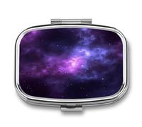 Metal Pill Case Portable 2 Compartment Small Magic Galaxy Sky Purple Pill Organizer for Purse Pocket Square Compact Travel Pill Box with Mirror Pill Container for Vitamins Medicine Holder