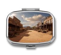 Metal Pill Case Portable 2 Compartment Small Old Wild West Cowboy Town Pill Organizer for Purse Pocket Square Compact Travel Pill Box with Mirror Pill Container for Vitamins Medicine Holder