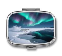 Metal Pill Case Portable 2 Compartment Small Polar Bears Northern Lights Pill Organizer for Purse Pocket Square Compact Travel Pill Box with Mirror Pill Container for Vitamins Medicine Holder