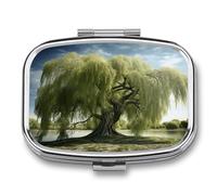 Metal Pill Case Portable 2 Compartment Small Willow Tree Pill Organizer for Purse Pocket Square Compact Travel Pill Box with Mirror Pill Container for Vitamins Medicine Holder