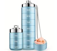 Metal Pill Organizer Weekly,Stackable Waterproof Travel Pill Box,Travel Hiking 7 Day Pill Box Case,Date Display,Large Compartment to Hold Pills, Vitamins,Fish Oil, Supplements (Blue)