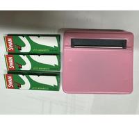 Metal Pink Tin Automatic Cigarette Rolling Machine Box 70mm Tobacco Roller With 3 x Swan Green Rolling Papers