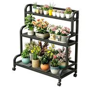Metal Plant Stand - 3-Level Rolling Flower Pot Organizer with Wheels, Sturdy Wrought Iron Corner Display Shelf for Indoor and Outdoor Use