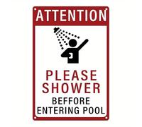 Metal Pool Rules Sign - "Please Shower Before Entering Pool" Wall Decor for Poolside, Sturdy Aluminum Rust Free Watherproof 14x20 CM