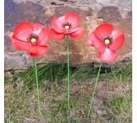 Handcrafted Metal Poppy Flower Garden Ornaments, Set of Three, 45cm Tall - Outdoor Decorations for Borders, Pots, Flower Beds & Memorials - Unique, Fairly Traded Garden Decor - Three 45cm flowers