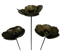 Metal Poppy Flower Ornament On 100Cm Stick - Set Of 3 Gold
