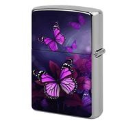 Metal Purple Butterflies Lighter Case Windproof Flip Top Lighter Sleeve Double Sided Vintage Cool Cigarette Pouch Holder Reusable Pocket Protective Cover Men Gifts for Boyfriend Husband