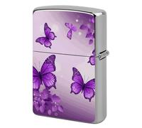 Metal Purple Butterflies Lighter Case Windproof Flip Top Lighter Sleeve Double Sided Vintage Cool Cigarette Pouch Holder Reusable Pocket Protective Cover Men Gifts for Boyfriend Husband