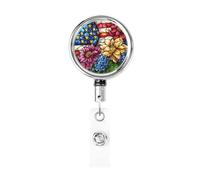 Metal Retractable Badge Reel,American Flag and Flower Badge Holder Rotating Id Card Hang Key Chain for Nurse Doctor Teacher Office