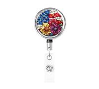 Metal Retractable Badge Reel,American Flag Flower Badge Holder Rotating Id Card Hang Key Chain for Nurse Doctor Teacher Office