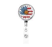 Metal Retractable Badge Reel,Big Daisy with American Flag Pattern Badge Holder Rotating Id Card Hang Key Chain for Nurse Doctor Teacher Office