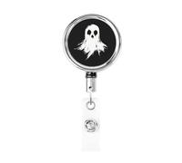 Metal Retractable Badge Reel,Black and White Ghost Minimalistic Vintage Badge Holder Rotating Id Card Hang Key Chain for Nurse Doctor Teacher Office