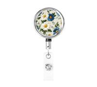 Metal Retractable Badge Reel,Blue Small Daisy Floral Pattern Badge Holder Rotating Id Card Hang Key Chain for Nurse Doctor Teacher Office
