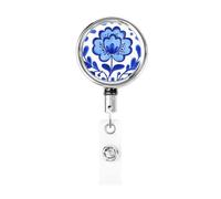 Metal Retractable Badge Reel,Bohemian Style Blue Floral Pattern Badge Holder Rotating Id Card Hang Key Chain for Nurse Doctor Teacher Office