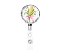 Metal Retractable Badge Reel,Corn with Pink Bow Badge Holder Rotating Id Card Hang Key Chain for Nurse Doctor Teacher Office
