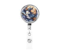 Metal Retractable Badge Reel,Cute Ghost Witch Hat Flying On Broom Badge Holder Rotating Id Card Hang Key Chain for Nurse Doctor Teacher Office