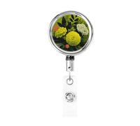 Metal Retractable Badge Reel,Dark Army Green Flower Floral Badge Holder Rotating Id Card Hang Key Chain for Nurse Doctor Teacher Office