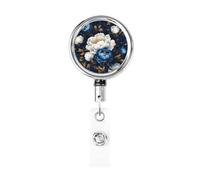 Metal Retractable Badge Reel,Dark Blue and White Peony Flowers Badge Holder Rotating Id Card Hang Key Chain for Nurse Doctor Teacher Office