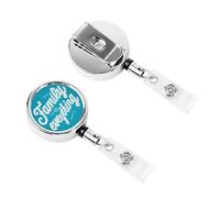 Metal Retractable Badge Reel,Family is Everything On Turquoise Badge Holder Rotating Id Card Hang Key Chain for Nurse Doctor Teacher Office
