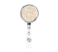 Metal Retractable Badge Reel,Floral Light Beige White Flowers Badge Holder Rotating Id Card Hang Key Chain for Nurse Doctor Teacher Office