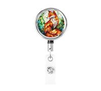 Metal Retractable Badge Reel,Fox in Forest Cartoon Badge Holder Rotating Id Card Hang Key Chain for Nurse Doctor Teacher Office
