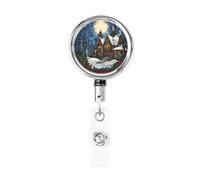 Metal Retractable Badge Reel,Gothic Cottage Snow Trees and Holly Berries Badge Holder Rotating Id Card Hang Key Chain for Nurse Doctor Teacher Office