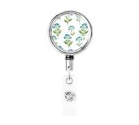Metal Retractable Badge Reel,Green Leafy Stems with Blue Floral Clusters Badge Holder Rotating Id Card Hang Key Chain for Nurse Doctor Teacher Office