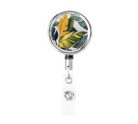 Metal Retractable Badge Reel,Green Yellow Large Leaves Badge Holder Rotating Id Card Hang Key Chain for Nurse Doctor Teacher Office