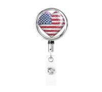 Metal Retractable Badge Reel,Heart Shaped Disco Ball American Flag Badge Holder Rotating Id Card Hang Key Chain for Nurse Doctor Teacher Office