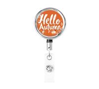 Metal Retractable Badge Reel,Hello Autumn On Orange Pumpkins Badge Holder Rotating Id Card Hang Key Chain for Nurse Doctor Teacher Office