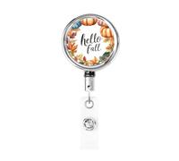 Metal Retractable Badge Reel,Hello Fall Autumn Wreath Pumpkins Badge Holder Rotating Id Card Hang Key Chain for Nurse Doctor Teacher Office
