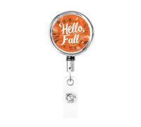 Metal Retractable Badge Reel,Hello Fall On Orange with Leaves Badge Holder Rotating Id Card Hang Key Chain for Nurse Doctor Teacher Office