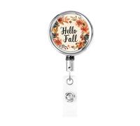 Metal Retractable Badge Reel,Hello Fall Watercolor Leaves Flowers Badge Holder Rotating Id Card Hang Key Chain for Nurse Doctor Teacher Office
