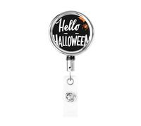 Metal Retractable Badge Reel,Hello Halloween On Black Badge Holder Rotating Id Card Hang Key Chain for Nurse Doctor Teacher Office
