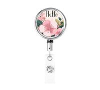 Metal Retractable Badge Reel,Hello Pastel Colors Cute Pink Flowers Badge Holder Rotating Id Card Hang Key Chain for Nurse Doctor Teacher Office