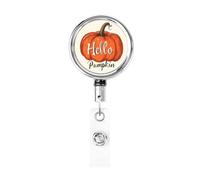 Metal Retractable Badge Reel,Hello Pumpkin On Light Cream Minimalistic Badge Holder Rotating Id Card Hang Key Chain for Nurse Doctor Teacher Office