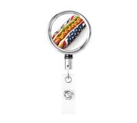 Metal Retractable Badge Reel,Hot Dog American Flag Pattern Badge Holder Rotating Id Card Hang Key Chain for Nurse Doctor Teacher Office