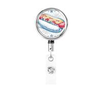 Metal Retractable Badge Reel,Hot Dog Retro American Diner Aesthetic Badge Holder Rotating Id Card Hang Key Chain for Nurse Doctor Teacher Office