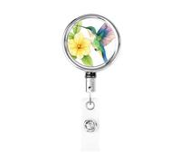 Metal Retractable Badge Reel,Hummingbird in Mid-Flight Yellow Flower Badge Holder Rotating Id Card Hang Key Chain for Nurse Doctor Teacher Office