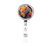 Metal Retractable Badge Reel,Indian Woman Orange and Blue Badge Holder Rotating Id Card Hang Key Chain for Nurse Doctor Teacher Office