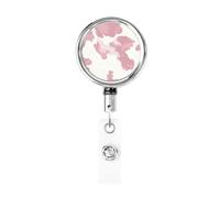 Metal Retractable Badge Reel,Light Pink and White Cow Print Badge Holder Rotating Id Card Hang Key Chain for Nurse Doctor Teacher Office