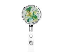 Metal Retractable Badge Reel,Lily Flower Soft Green Abstract Badge Holder Rotating Id Card Hang Key Chain for Nurse Doctor Teacher Office
