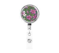 Metal Retractable Badge Reel,Lily Flowers Pattern Badge Holder Rotating Id Card Hang Key Chain for Nurse Doctor Teacher Office