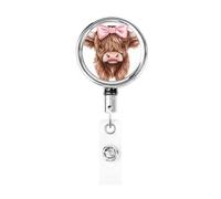 Metal Retractable Badge Reel,Little Highland Bull with Pink Bow Badge Holder Rotating Id Card Hang Key Chain for Nurse Doctor Teacher Office