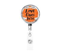 Metal Retractable Badge Reel,Love Lives Here On Orange Bow Badge Holder Rotating Id Card Hang Key Chain for Nurse Doctor Teacher Office