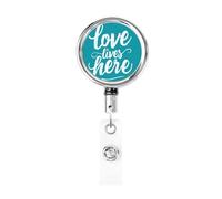 Metal Retractable Badge Reel,Love Lives Here On Turquoise Badge Holder Rotating Id Card Hang Key Chain for Nurse Doctor Teacher Office