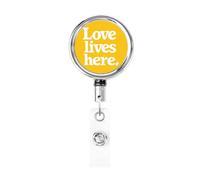 Metal Retractable Badge Reel,Love Lives Here On Yellow Badge Holder Rotating Id Card Hang Key Chain for Nurse Doctor Teacher Office